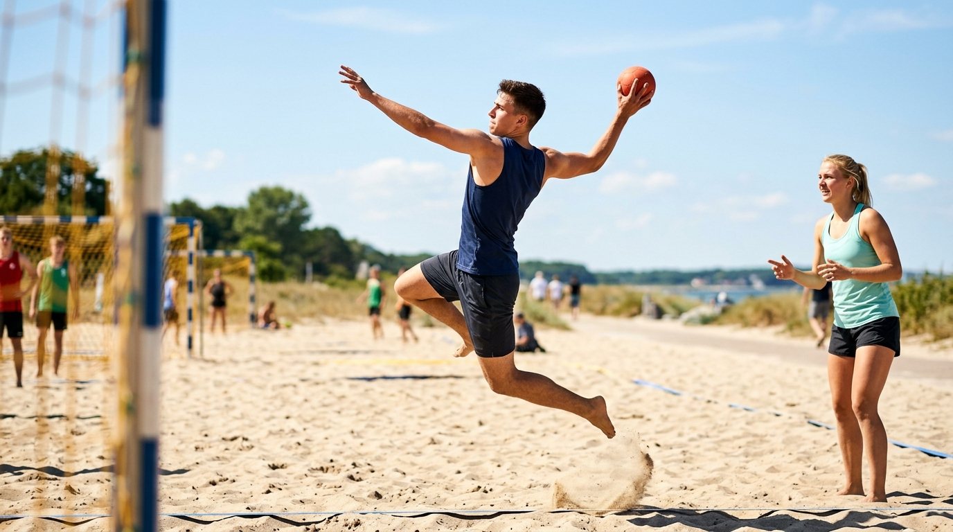 Athlet beim Beachhandball-Training am Sandplatz: Sprungwurf-Technik und Coaching-Situation unter freiem Himmel.