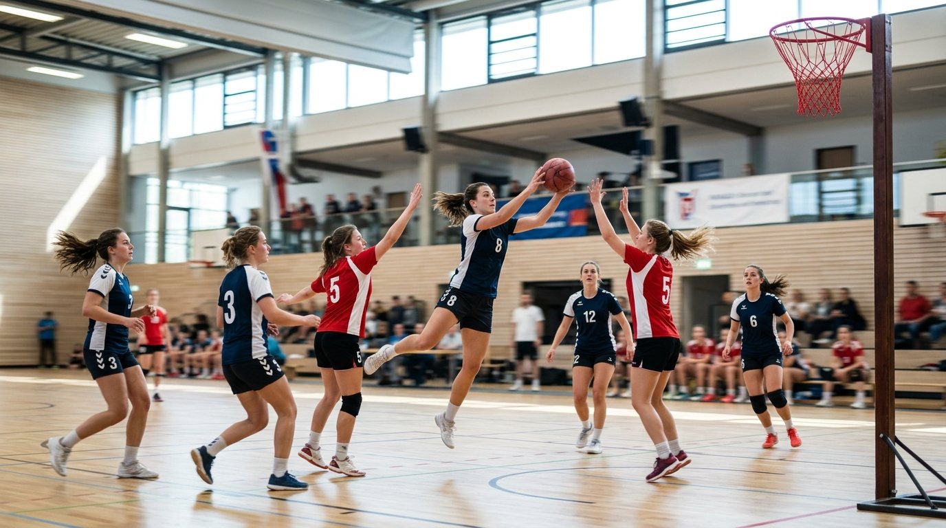 Dynamische Korbball-Szene in einer Sporthalle: Spieler in Bewegung beim Wurf auf den Korb ohne Brett.