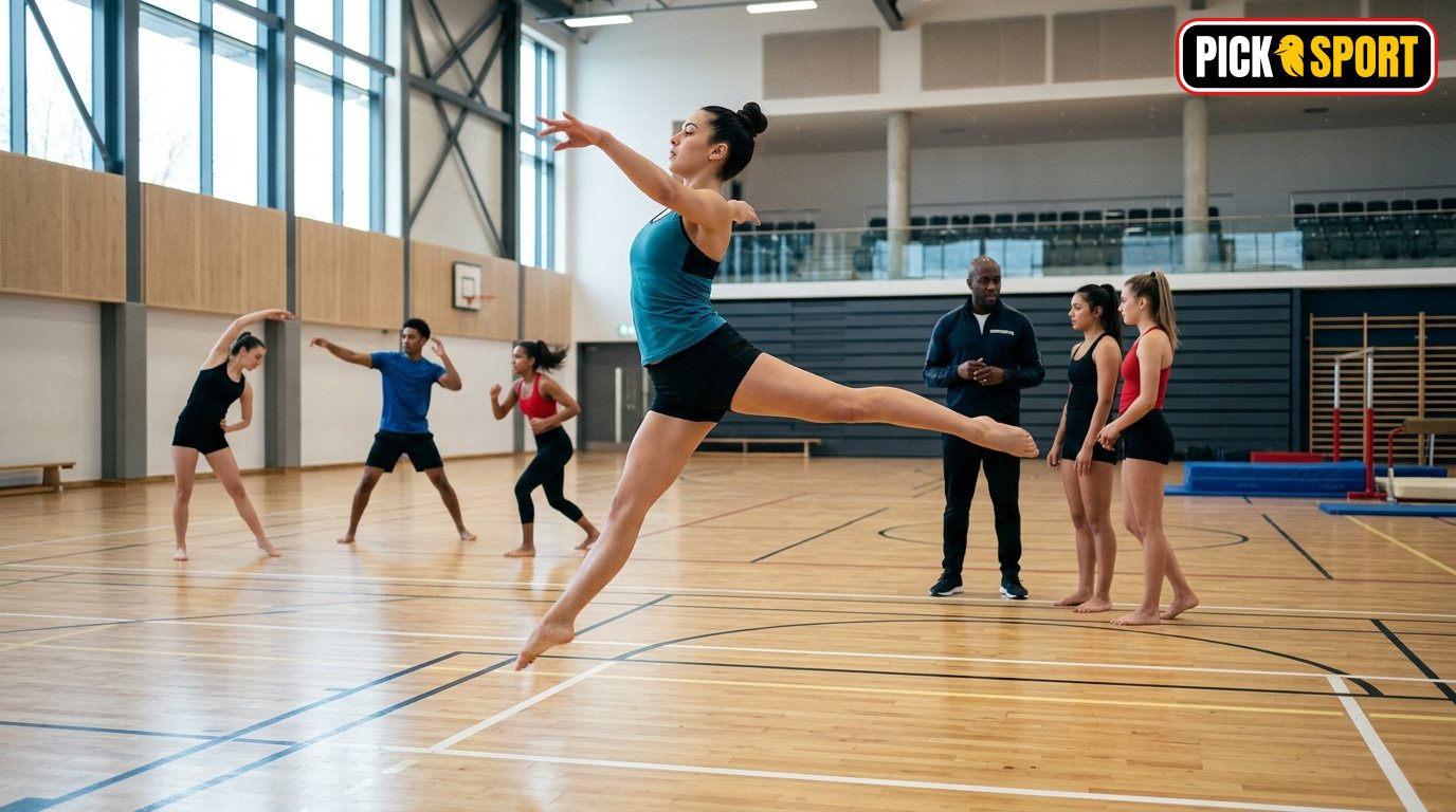 Athleten beim Aerobic Gymnastics Training in einer modernen Sporthalle mit Fokus auf Technik und Bewegung.