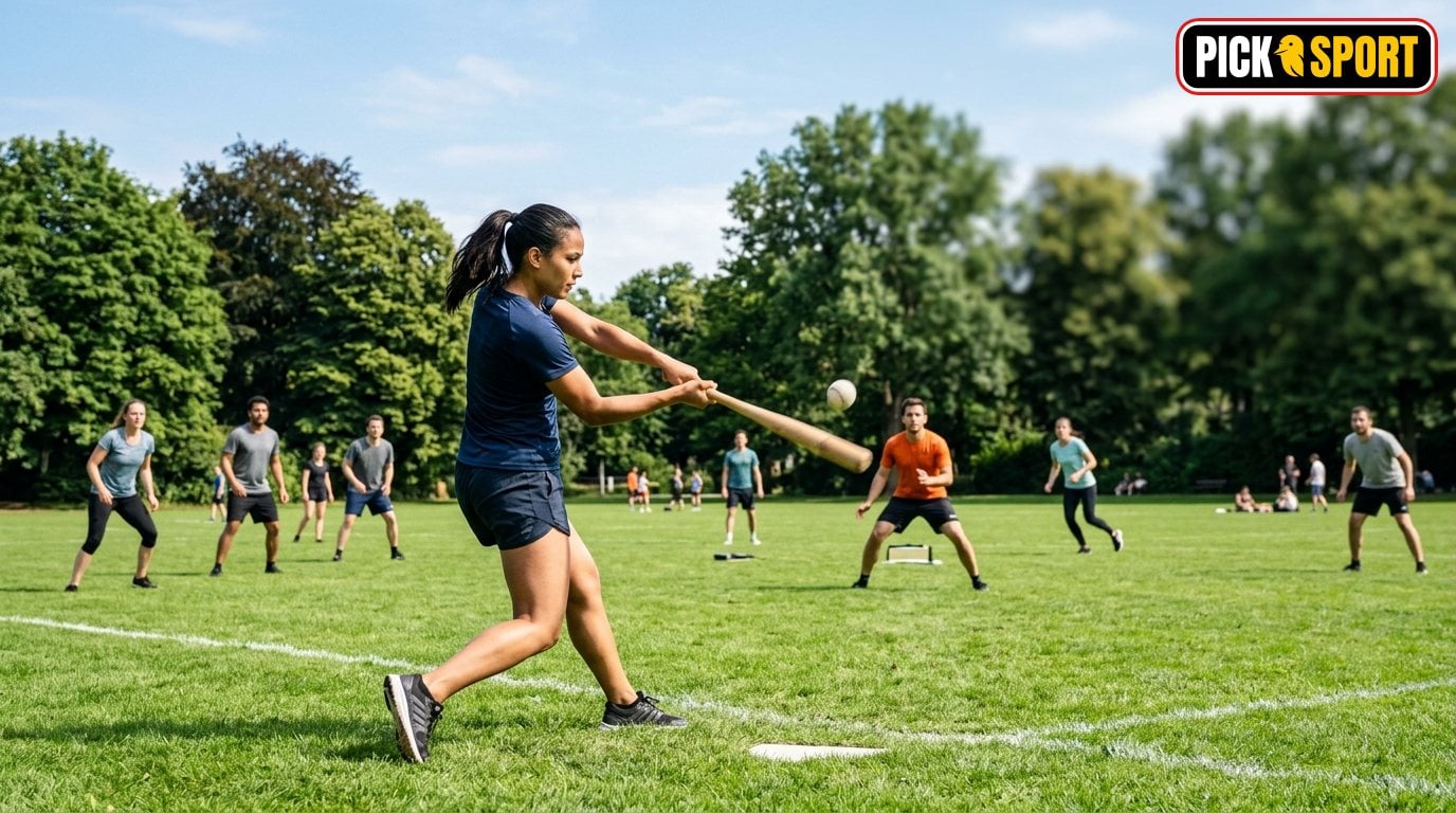 Schlagball: Regeln, Technik und Training verständlich erklärt Gruppe spielt Schlagball auf einem Sportplatz im Park – Fokus auf Schlagtechnik und Dynamik.