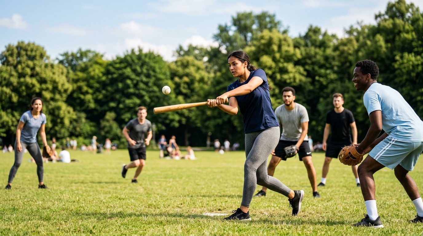 Gruppe von Freunden beim Rounders Training in einem sonnigen Park, Fokus auf Schlagtechnik und Spielbewegung.