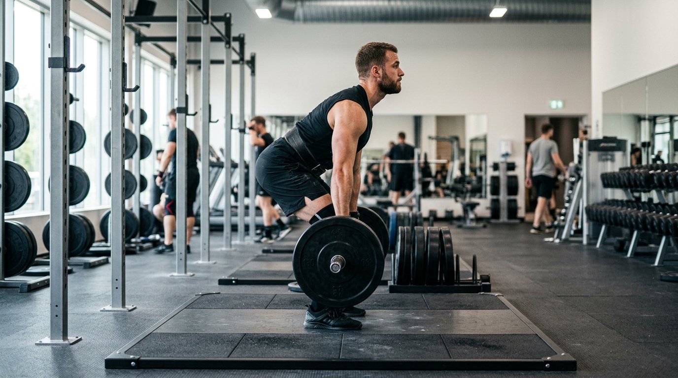 Athlet führt im Fitnessstudio eine korrekte Kreuzheben-Technik für das Powerlifting-Training aus