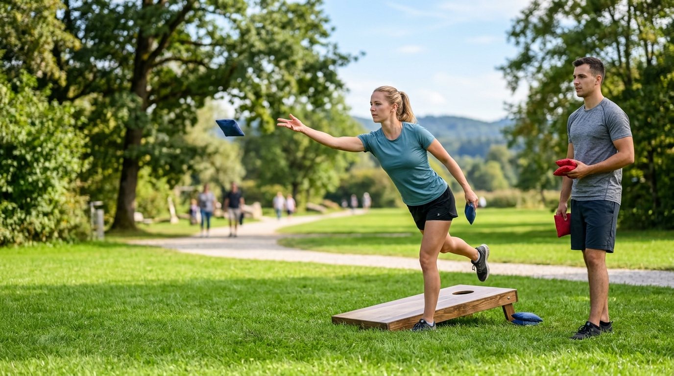 Zwei Personen beim Cornhole-Training im Park, konzentrierte Wurftechnik in einer natürlichen Outdoor-Umgebung.