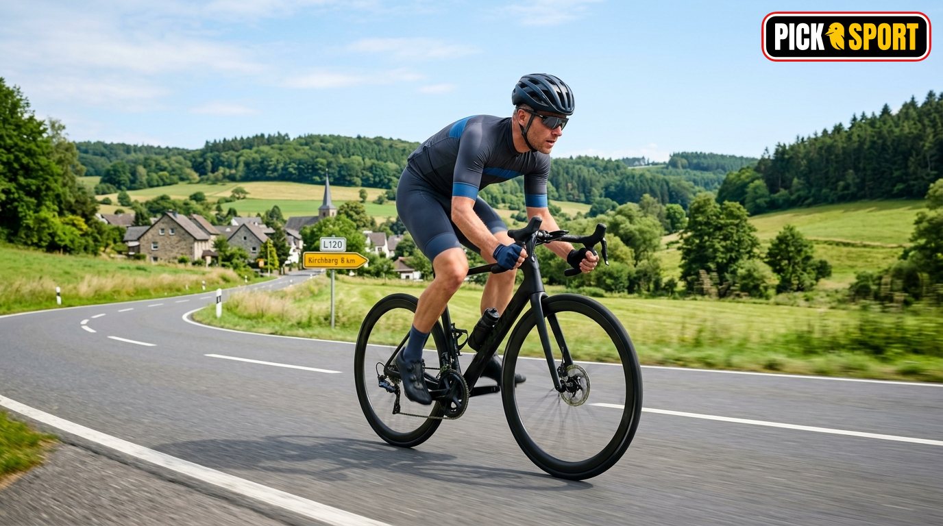 Ein fokussierter Radsportler beim Zeitfahren auf einer Landstraße in einer sonnigen deutschen Landschaft.