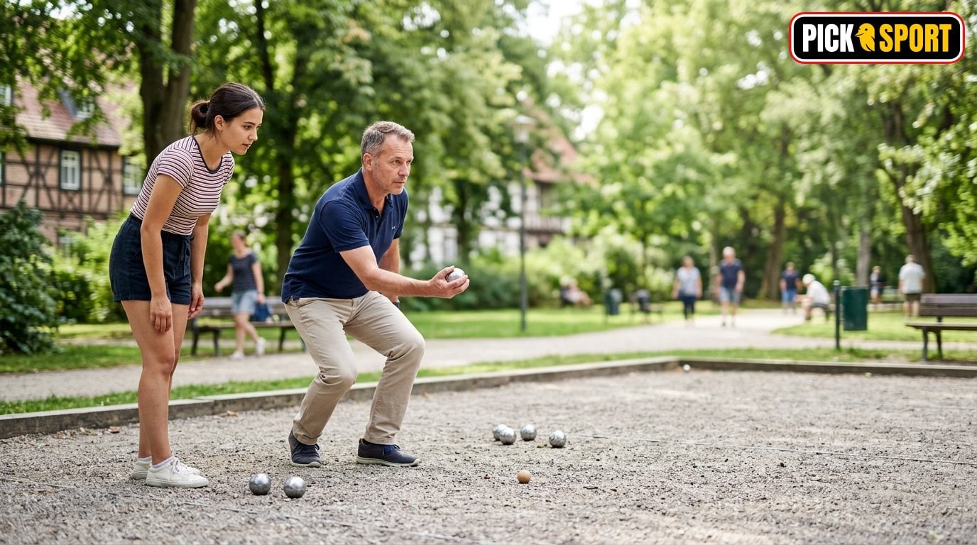 Petanque: Regeln, Technik und Training verständlich erklärt Menschen beim Petanque-Spiel in einem deutschen Park, Fokus auf Wurftechnik und Konzentration.