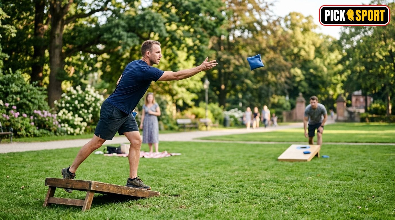 Cornhole: Regeln, Technik und Training verständlich erklärt Person beim Cornhole-Wurf: Fokus auf Wurftechnik und Haltung in natürlicher Outdoor-Umgebung.