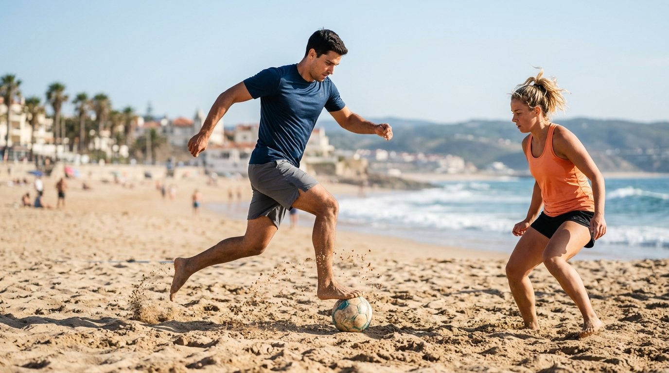 Zwei Personen beim Beachsoccer-Training auf einem Sandplatz bei sonnigem Wetter.