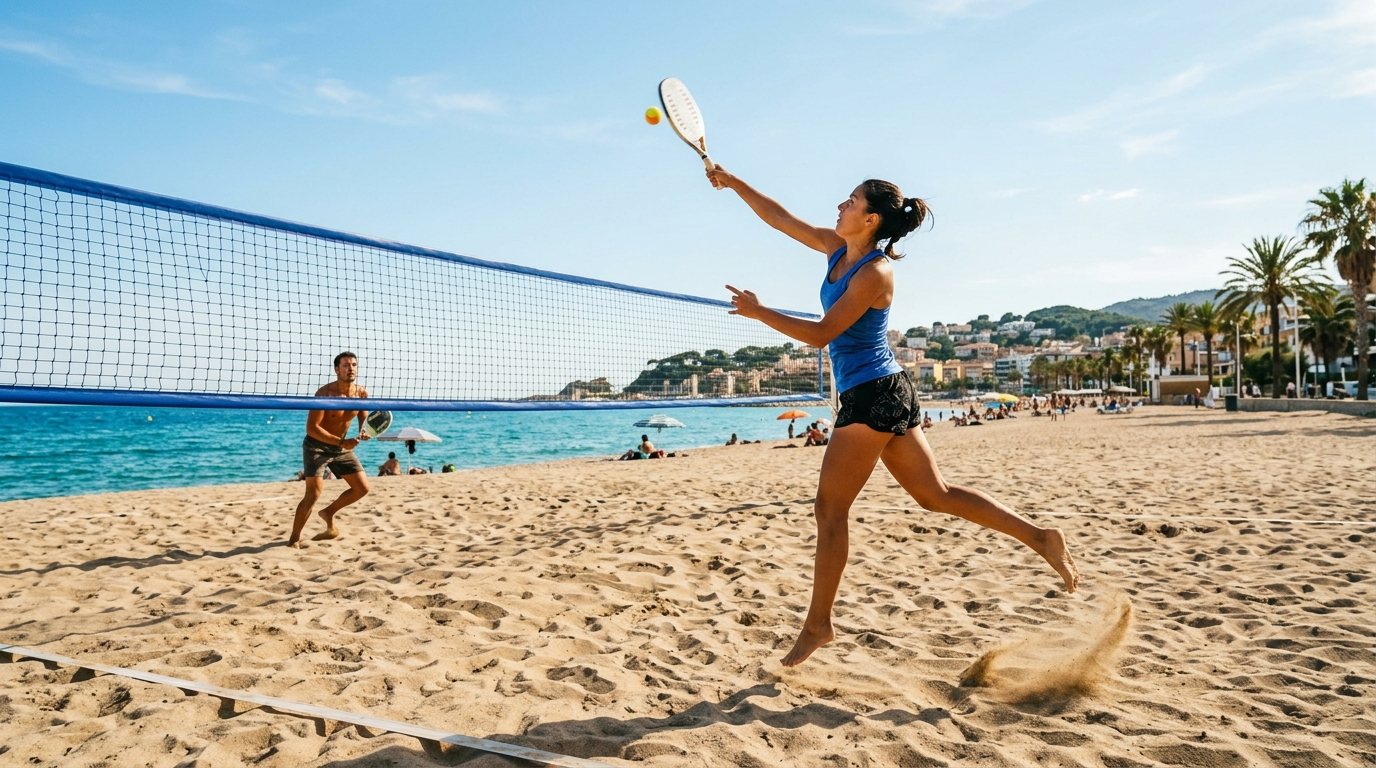 Zwei Personen beim Beach Tennis Training im Sand: Fokus auf Technik und Bewegung.