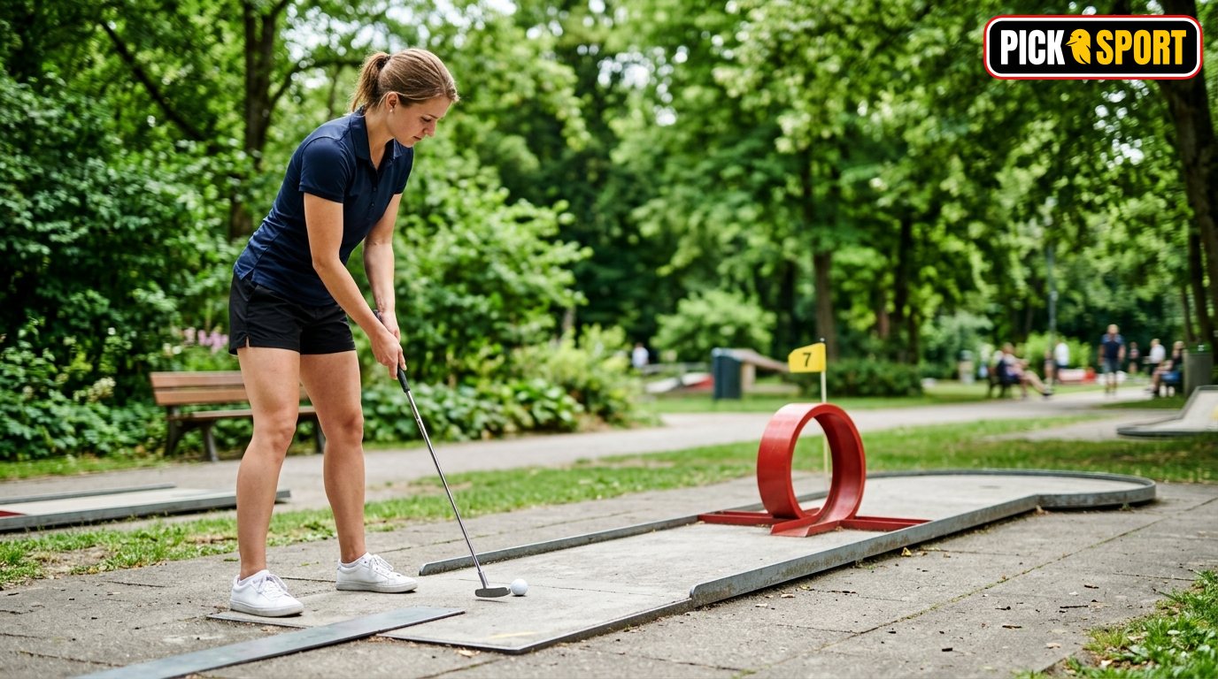 Person konzentriert sich beim Minigolf auf einer Anlage in einem deutschen Park, Fokus auf Technik und Präzision.