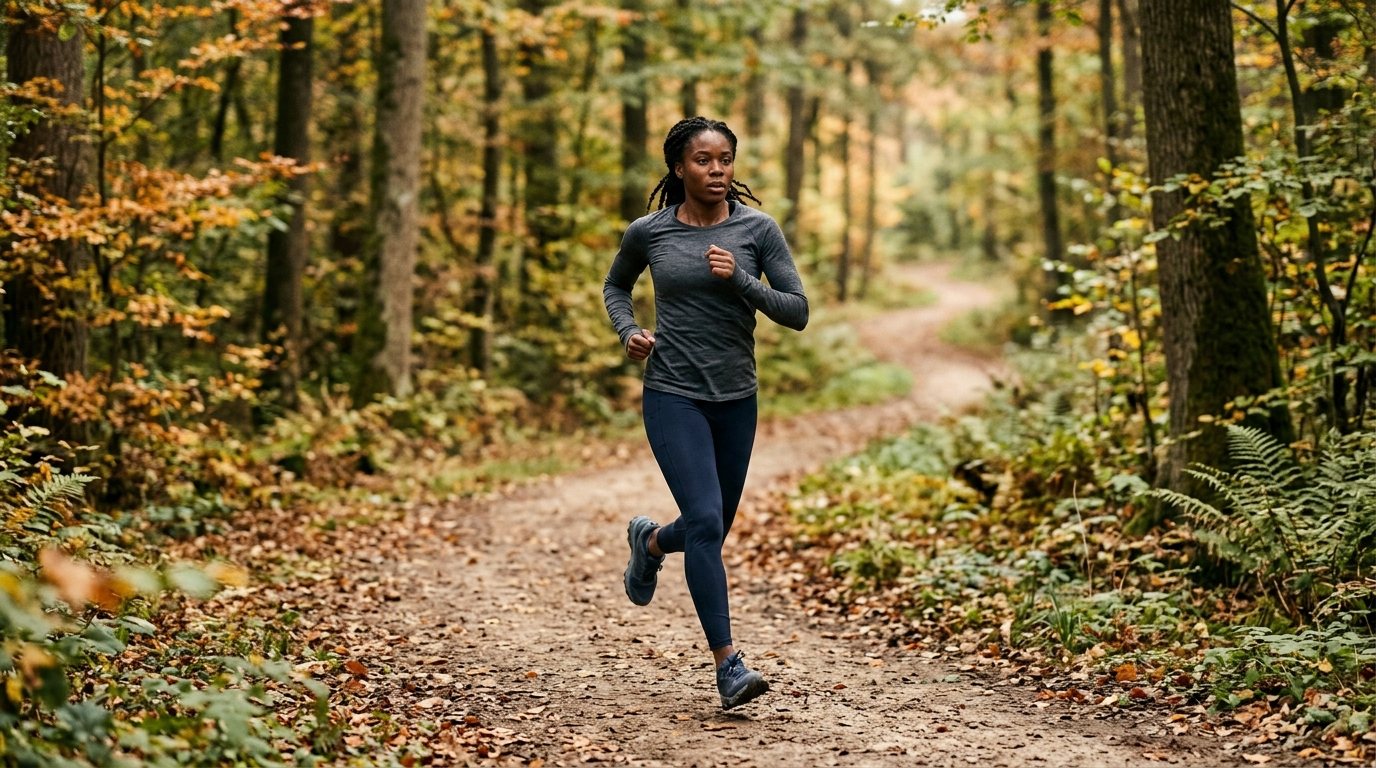 Ein Läufer trainiert für einen Marathon auf einem Waldweg in natürlicher Umgebung.