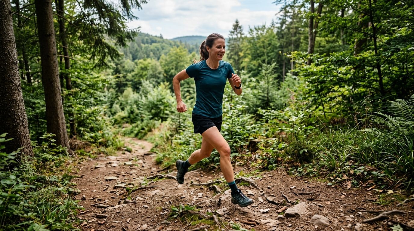 Trailrunner beim Training auf einem Waldweg im Gebirge, Fokus auf Lauftechnik und Dynamik.