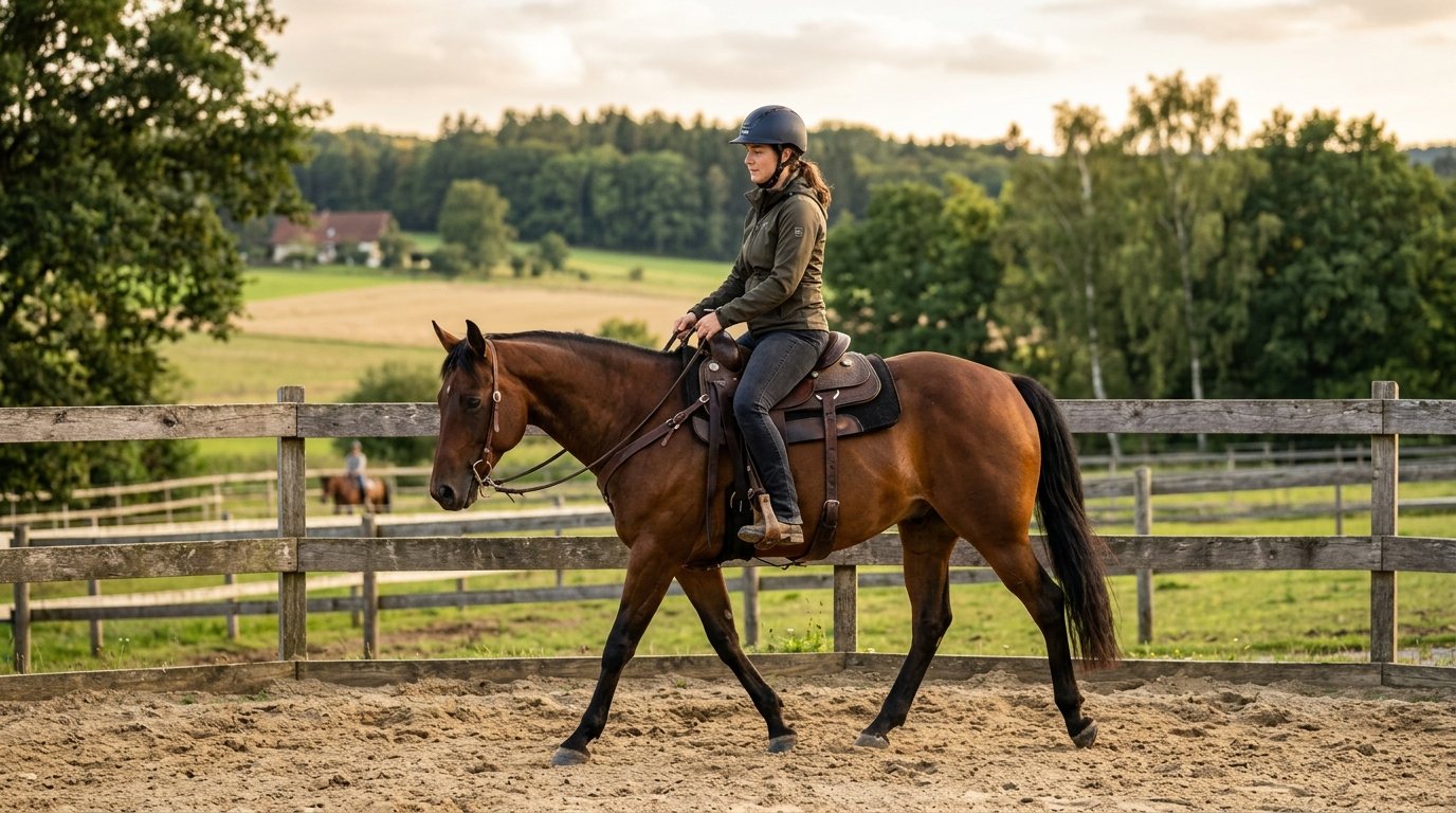 Westernreiten: Reiter trainiert entspannt in der Reithalle auf einem gut ausgebildeten Pferd.