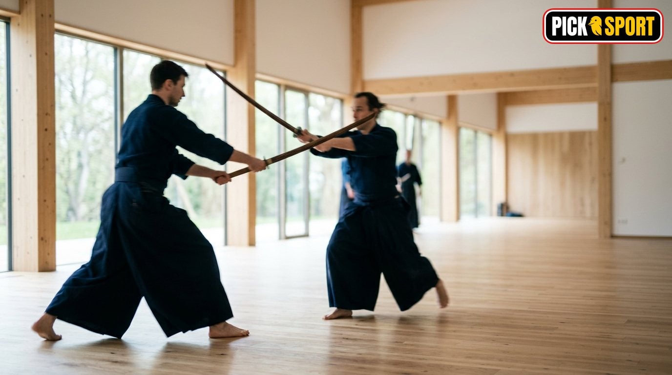 Kenjutsu: Regeln, Technik und Training verständlich erklärt Zwei Personen beim Kenjutsu-Training: Fokus auf Technik, Konzentration und traditionelle japanische Schwertkampf-Bewegungen.
