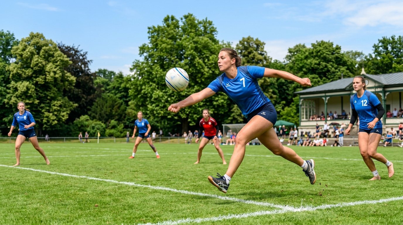 Faustball-Training auf einem grünen Rasenplatz mit aktiven Spielern in Bewegung