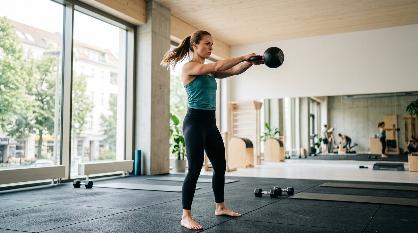 Sportlerin beim Kettlebell-Training zur Verbesserung der Technik und Ausdauer im Sportraum