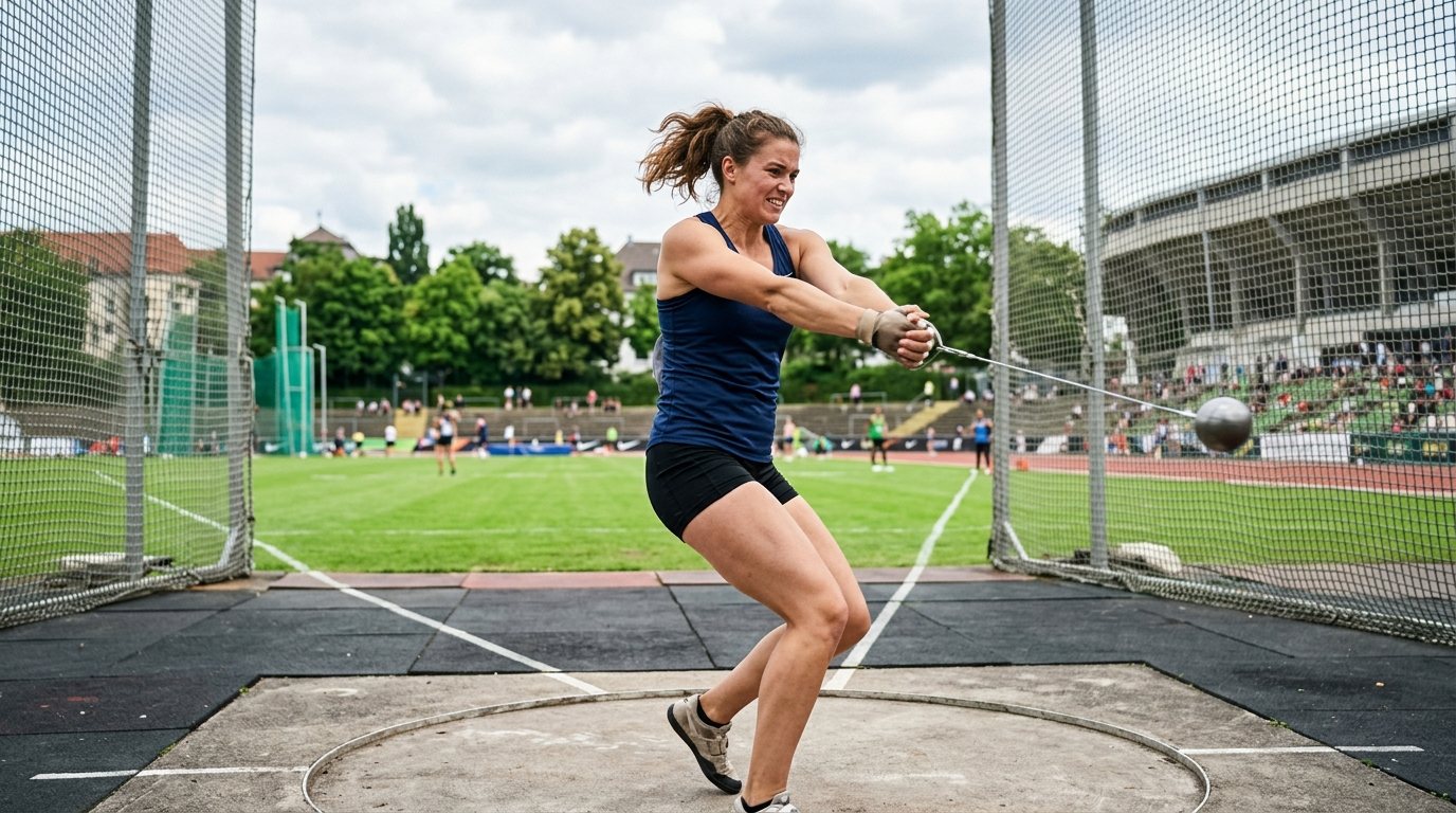 Athlet trainiert Hammerwurf-Technik in einer Leichtathletik-Anlage auf einem Sportplatz.