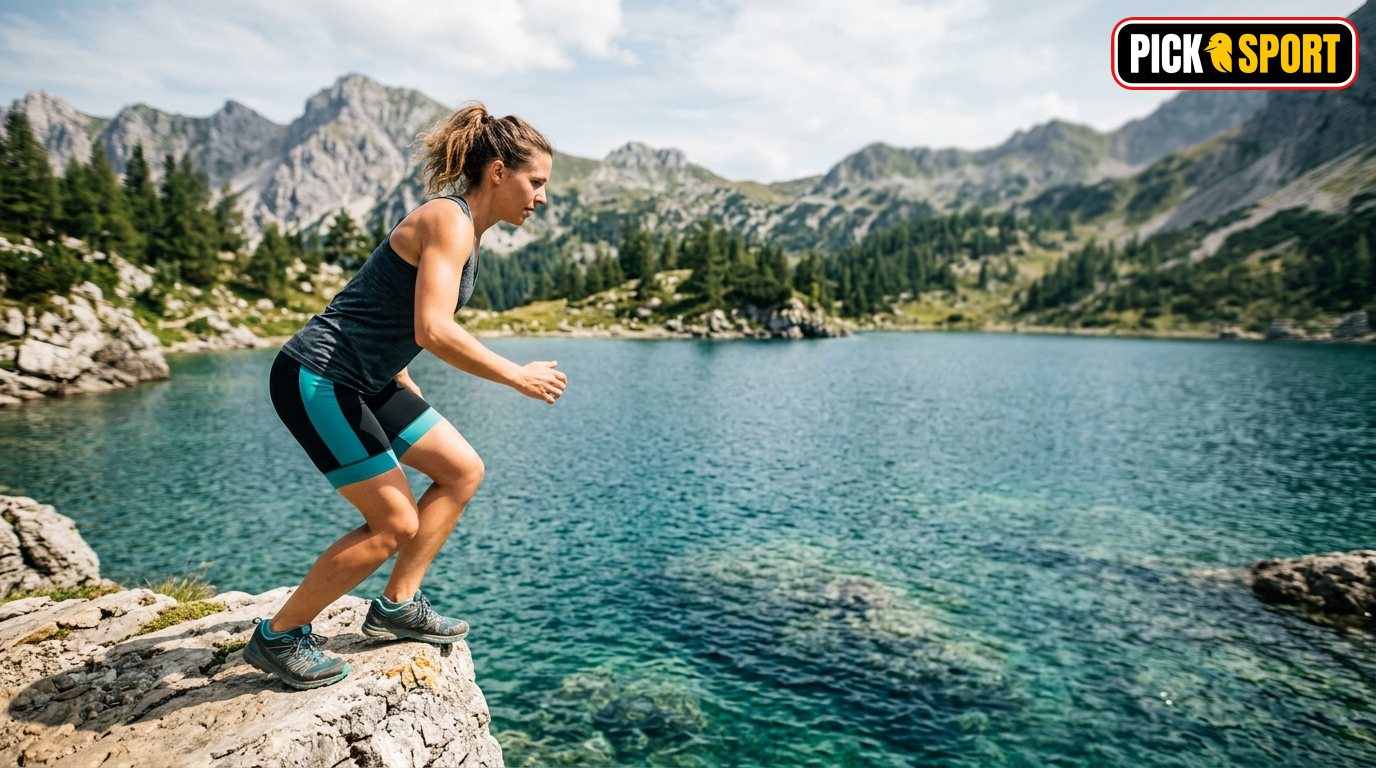 Athlet bereitet sich an einer Klippe auf einen Sprung in einen Bergsee vor – Fokus auf Technik und Sicherheit.