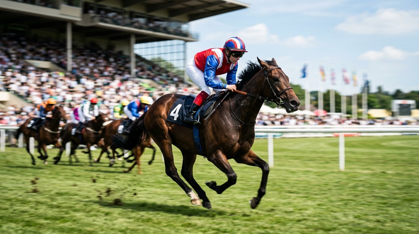 Jockey im Entlastungssitz auf einem Galopprennpferd bei einem Rennen auf der Rennbahn.
