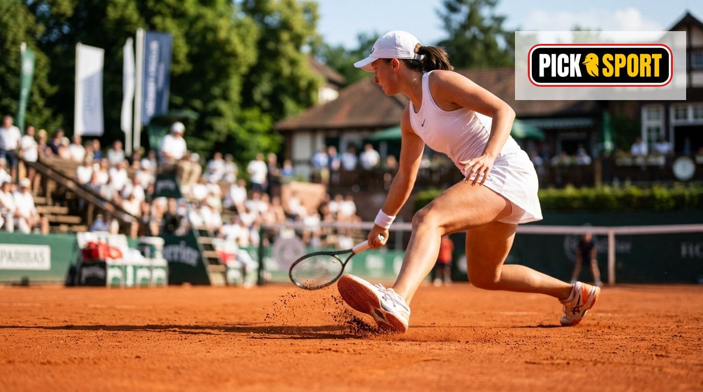 Tennisschuhe für Sandplatz: worauf Spieler beim Kauf achten sollten Tennisspieler bei einem kontrollierten Slide auf einem roten Sandplatz mit Fokus auf Tennisschuhe mit Fischgrätenprofil.