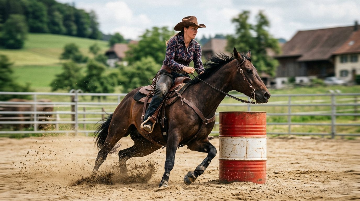 Pferd und Reiter beim Barrel Racing in einer engen Kurve um ein Fass auf einem Reitplatz