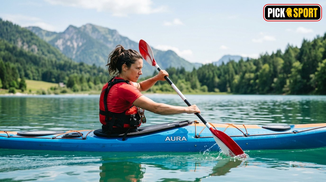 Kajakfahrer auf einem See trainiert die richtige Paddeltechnik bei Sonnenschein