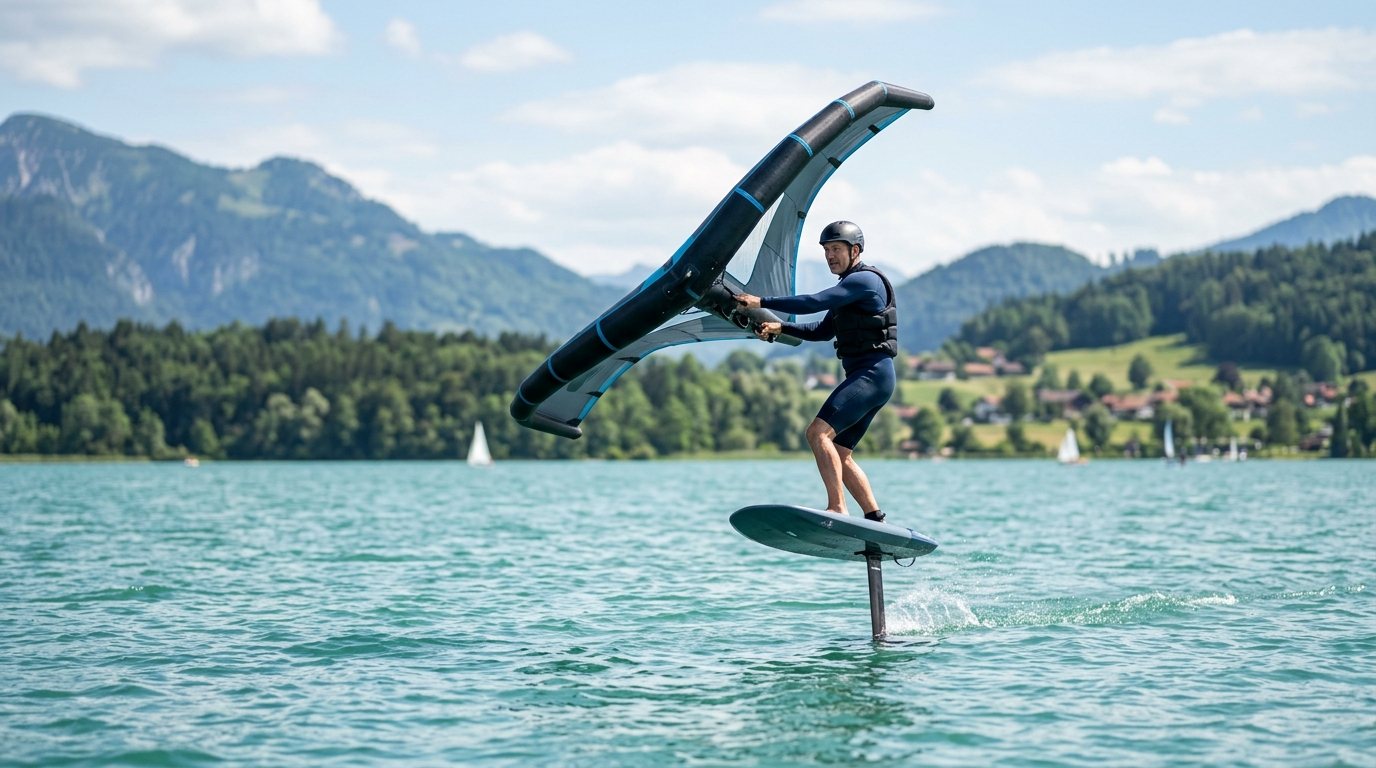 Sportler beim Wingfoilen auf einem deutschen See: Technik, Fokus und Bewegung auf dem Wasser.
