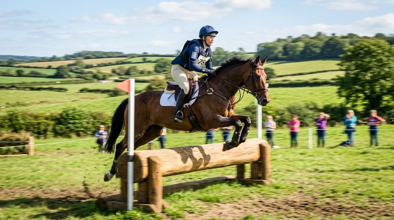 Vielseitigkeitsreiten: Reiter beim Springen über ein festes Hindernis im Gelände während eines Trainings.