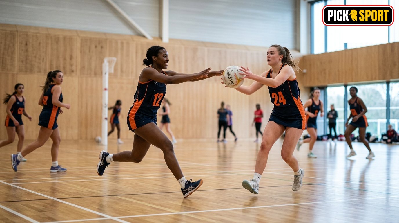 Netball: Regeln, Technik und Training verständlich erklärt Athleten beim Netball-Training in einer Sporthalle: Fokus auf Pass-Technik und Bewegung.