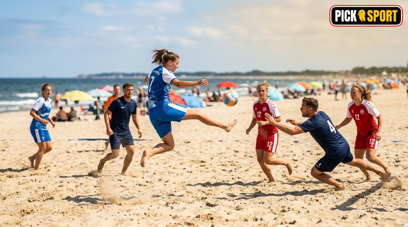 Actionreiche Beachsoccer-Szene mit Spielern im Sand bei sommerlichem Wetter und natürlichem Licht.
