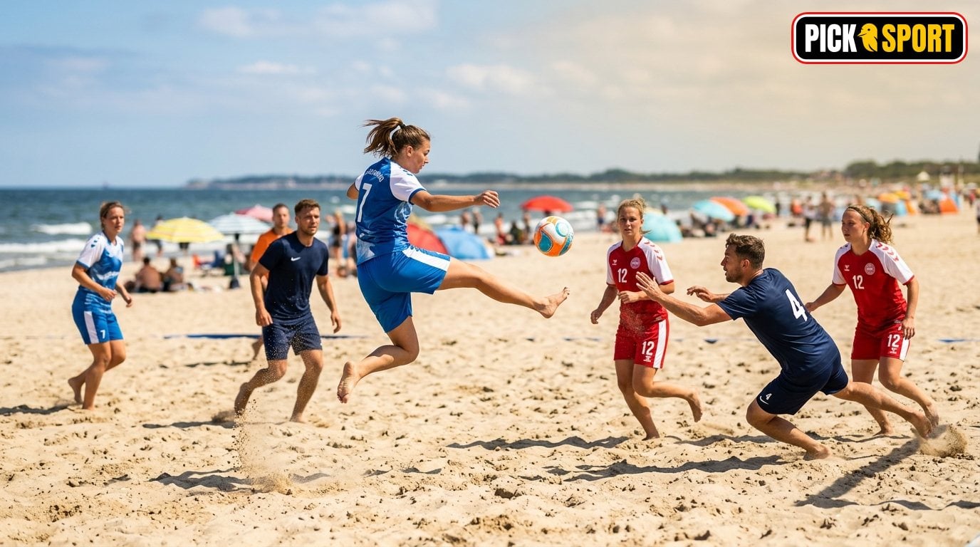 Beachsoccer: Regeln, Technik und Training verständlich erklärt Actionreiche Beachsoccer-Szene mit Spielern im Sand bei sommerlichem Wetter und natürlichem Licht.