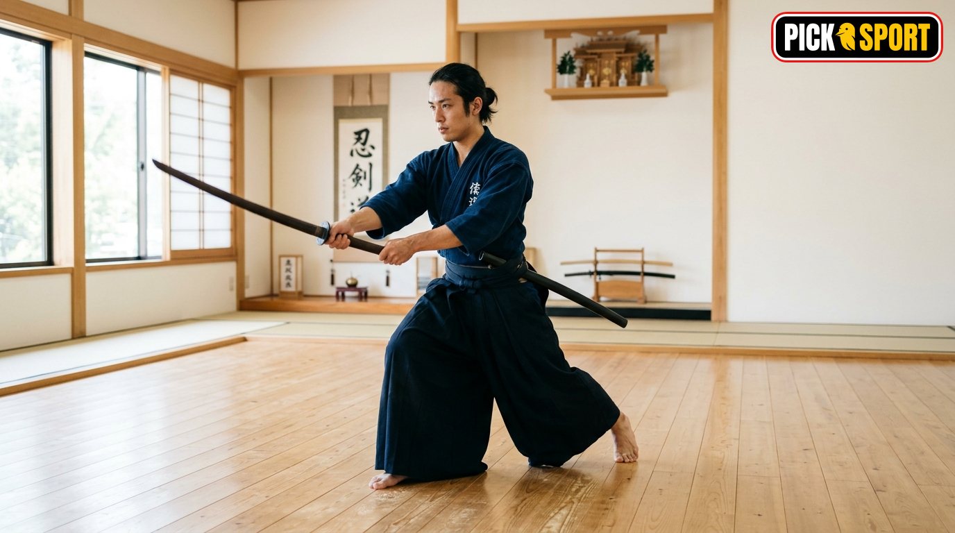 Iaido Training: Konzentrierter Übender mit Bokken in einem hellen Dojo für den Einstieg in die japanische Schwertkunst.