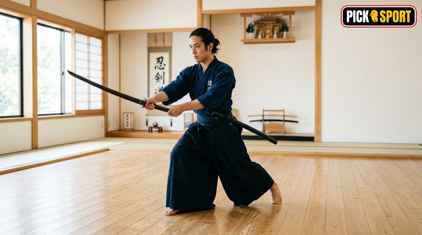Iaido: Regeln, Technik und Training verständlich erklärt Iaido Training: Konzentrierter Übender mit Bokken in einem hellen Dojo für den Einstieg in die japanische Schwertkunst.