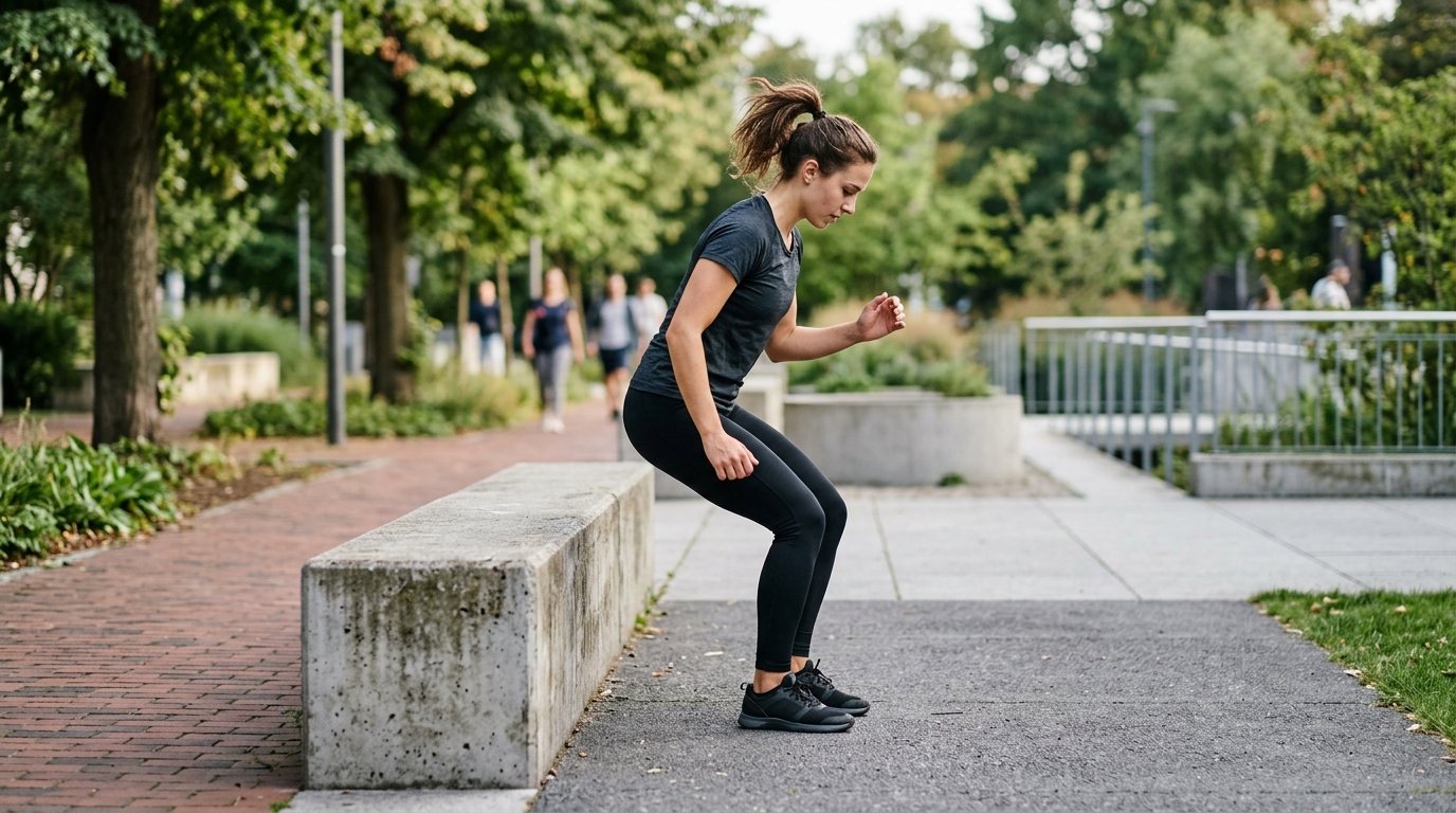 Junge Person beim kontrollierten Freerunning-Training im urbanen Raum mit Fokus auf saubere Landetechnik