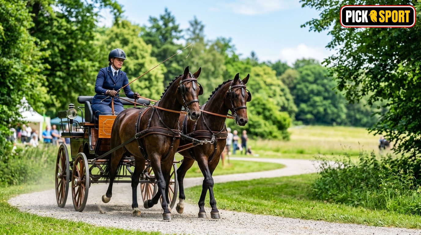 Fahrer bei der Ausbildung im Fahrsport auf einem Trainingsplatz im Grünen.
