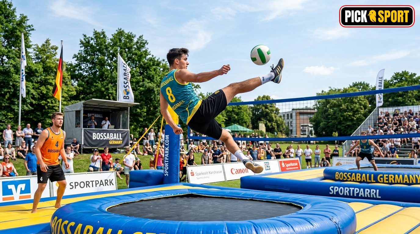 Action-Shot eines Bossaball-Matches im Sportpark: Athlet bei einem dynamischen Sprungangriff auf dem Trampolin-Spielfeld.