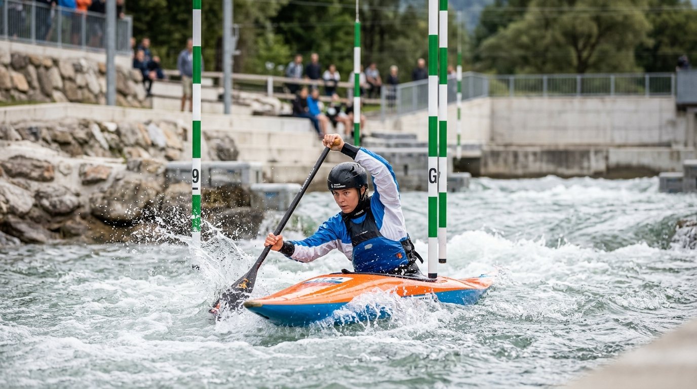 Kanusportlerin beim Training im Wildwasserkanal: Fokus auf Technik und Bewegung im Kanuslalom.