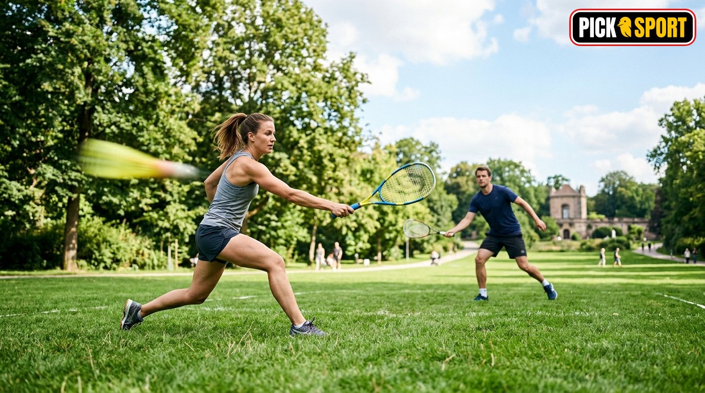 Zwei Personen spielen bei sonnigem Wetter Crossminton im Park: Dynamische Bewegungsszene mit Fokus auf Sport und Action.