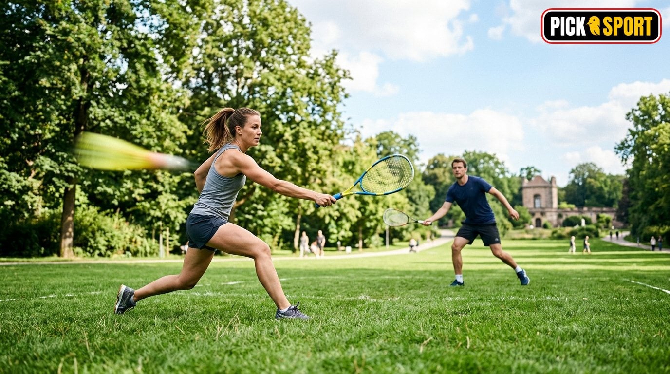 Speedminton/Crossminton: Regeln, Technik und Training verständlich erklärt Zwei Personen spielen bei sonnigem Wetter Crossminton im Park: Dynamische Bewegungsszene mit Fokus auf Sport und Action.