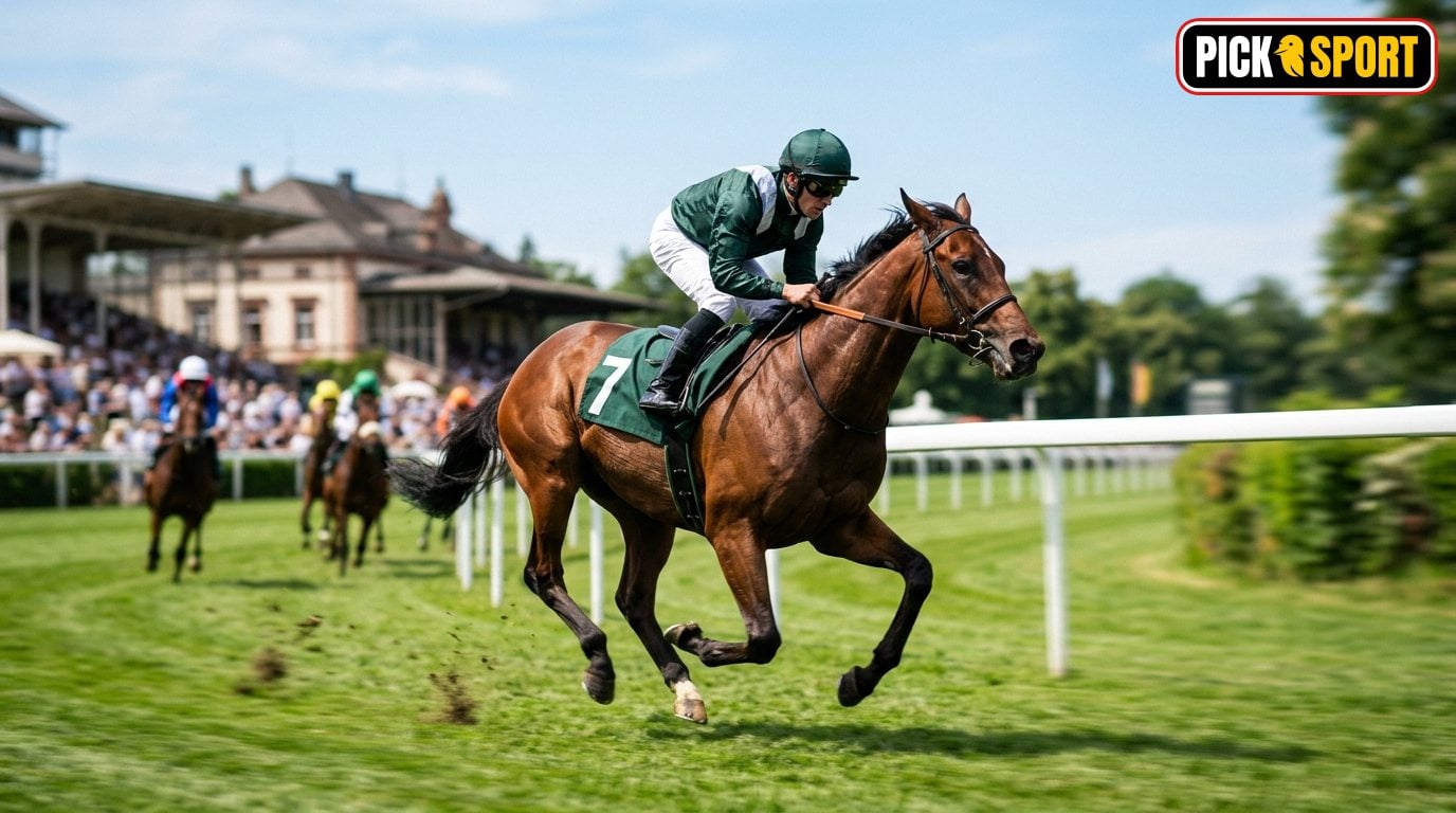 Galopprennen: Regeln, Technik und Training verständlich erklärt Jockey im dynamischen Entlastungssitz auf einem galoppierenden Rennpferd während eines Galopprennens auf einer Rennbahn.