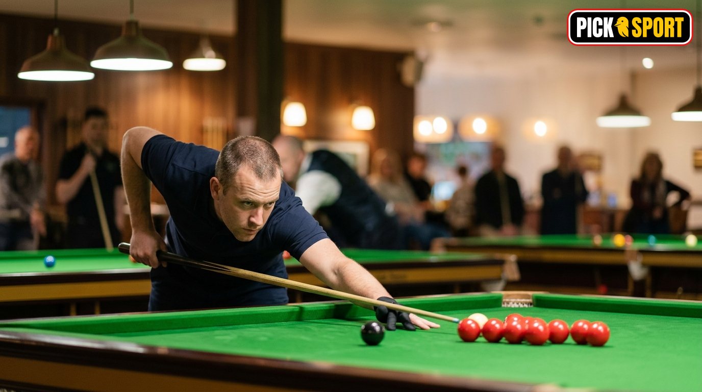 Konzentrierter Snooker-Spieler beim präzisen Stoß im modernen Snooker-Club.