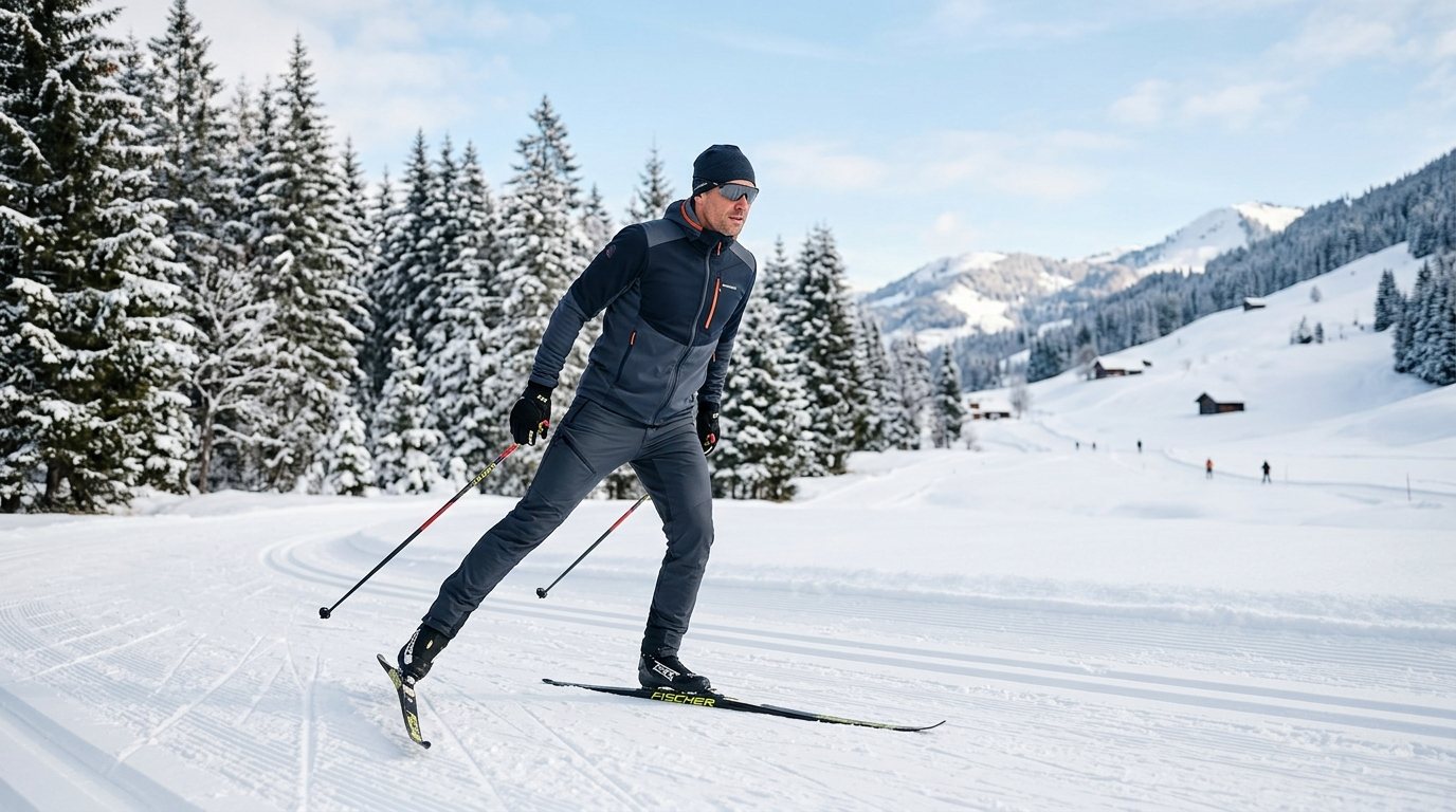 Skilangläufer in korrekter Technik auf einer sonnigen Loipe im Winter