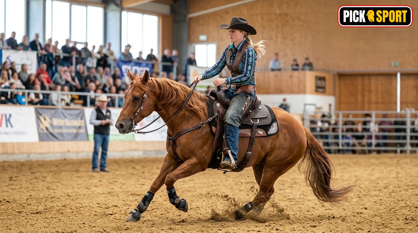 Western-Reiter bei einer Cutting-Trainingseinheit in einer Reithalle mit Fokus auf Technik und Balance.