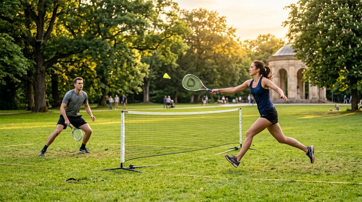 Zwei Personen beim Crossminton-Training im Park, dynamische Bewegung und Fokus auf die Technik.