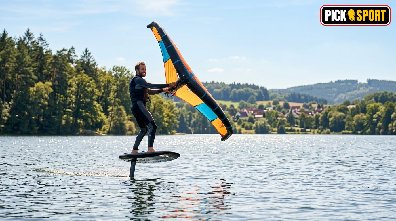 Wingfoilen: Regeln, Technik und Training verständlich erklärt Wingfoilen auf einem See: Sportler in Aktion beim Gleiten über das Wasser bei Sonnenschein.