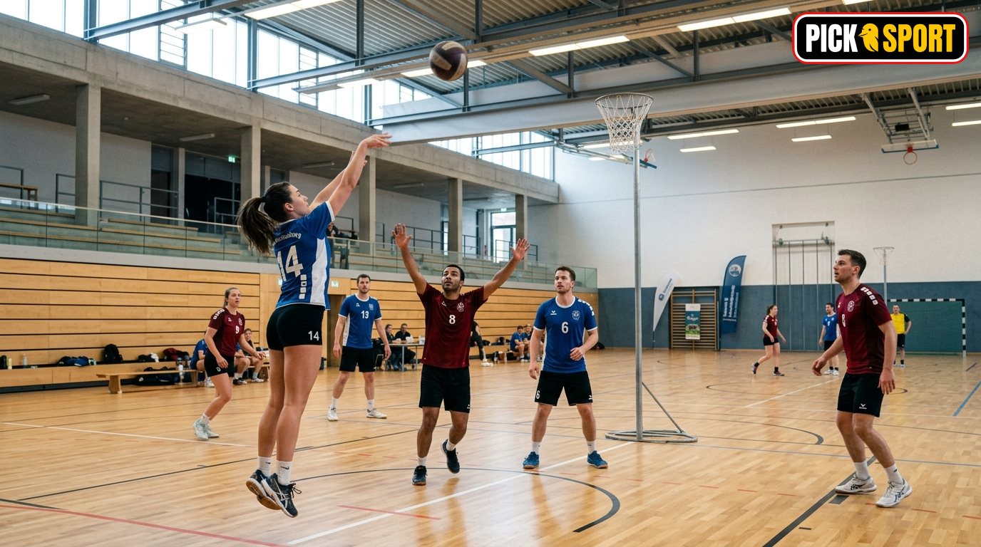 Spieler beim Korbball-Training in einer modernen deutschen Sporthalle beim Wurf auf den Korb.