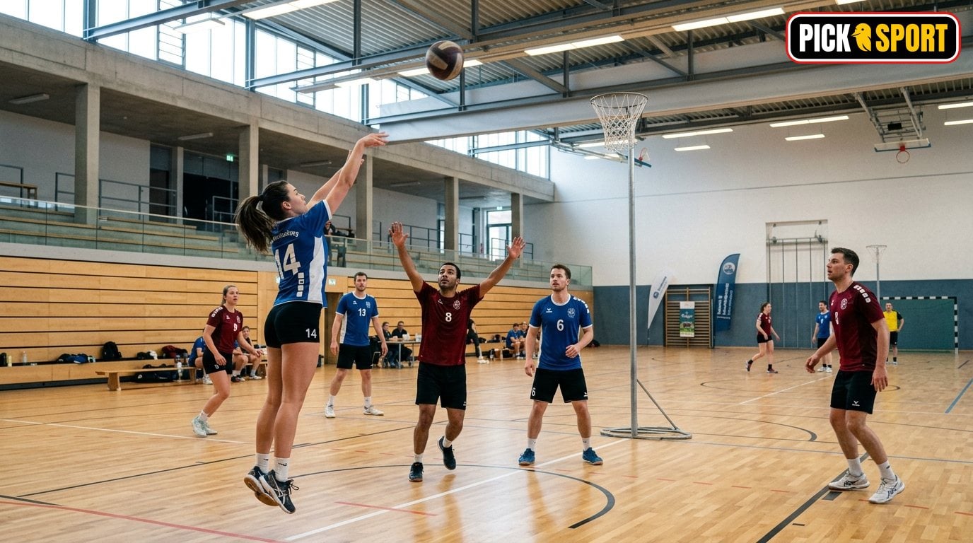 Korbball: Regeln, Technik und Training verständlich erklärt Spieler beim Korbball-Training in einer modernen deutschen Sporthalle beim Wurf auf den Korb.