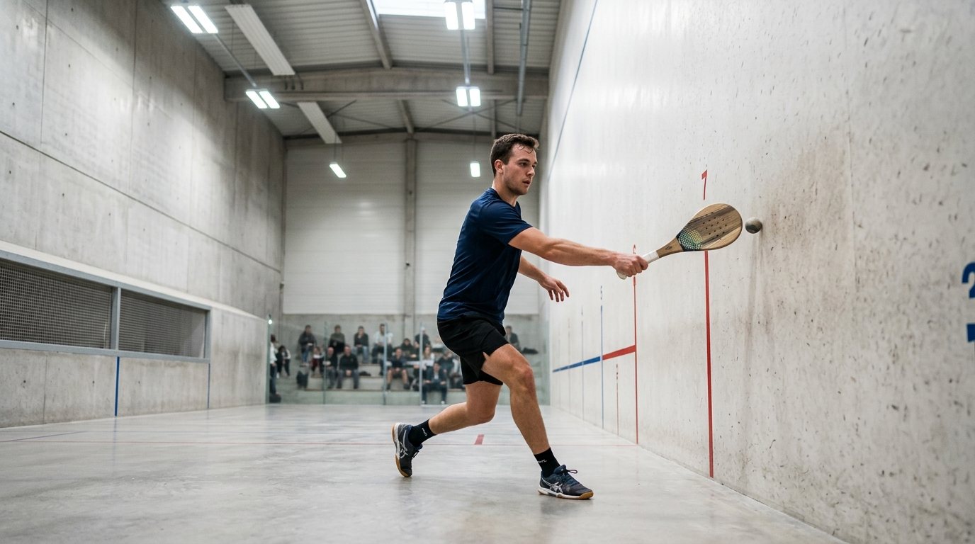 Sportler beim Pelota-Training auf einem modernen Indoor-Court mit Fokus auf Technik und Bewegung.