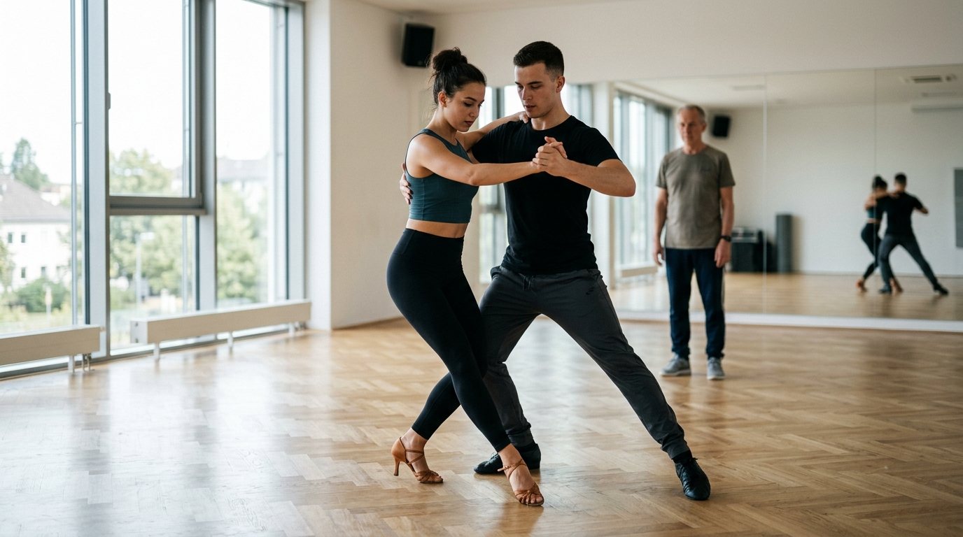 Paar beim Lateintanz Training im Tanzstudio: Fokus auf Haltung und Technik