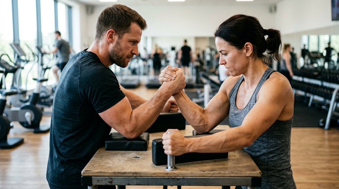 Zwei Personen beim Armdrücken an einem Tisch während eines Technik-Trainings im Fitnessraum.