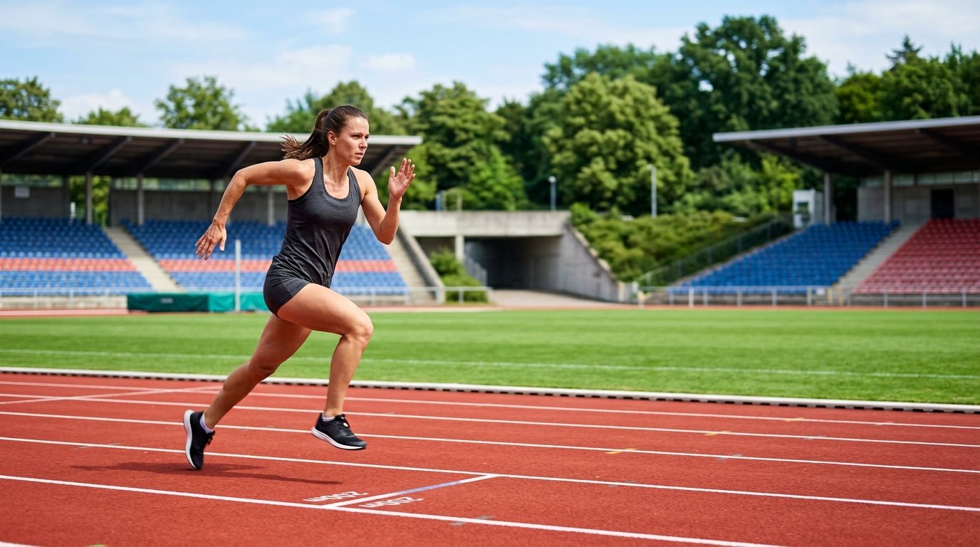 Läufer auf einer modernen Leichtathletikanlage während des Mittelstreckentrainings bei sonnigem Wetter.